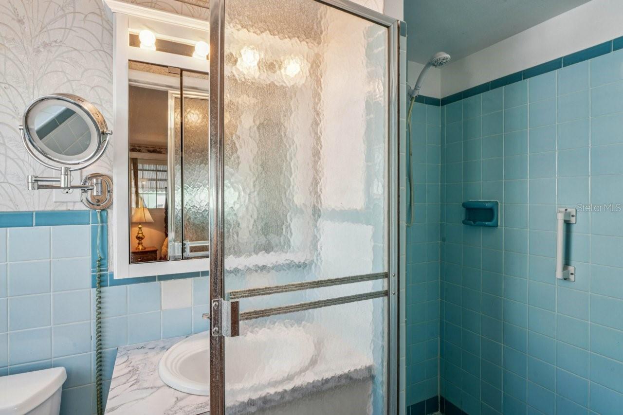Inside of the shower and single vanity