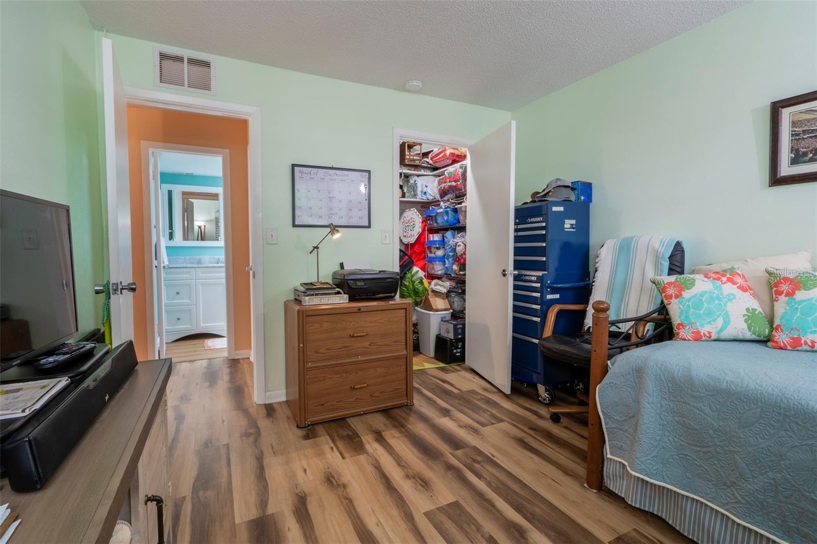 2nd bedroom looking into the spacious walk-in closet and hallway