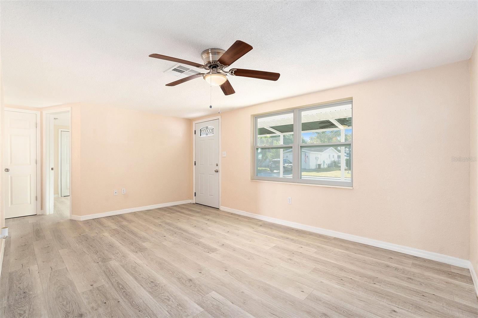 Large living room and view to bedroom and hall closet