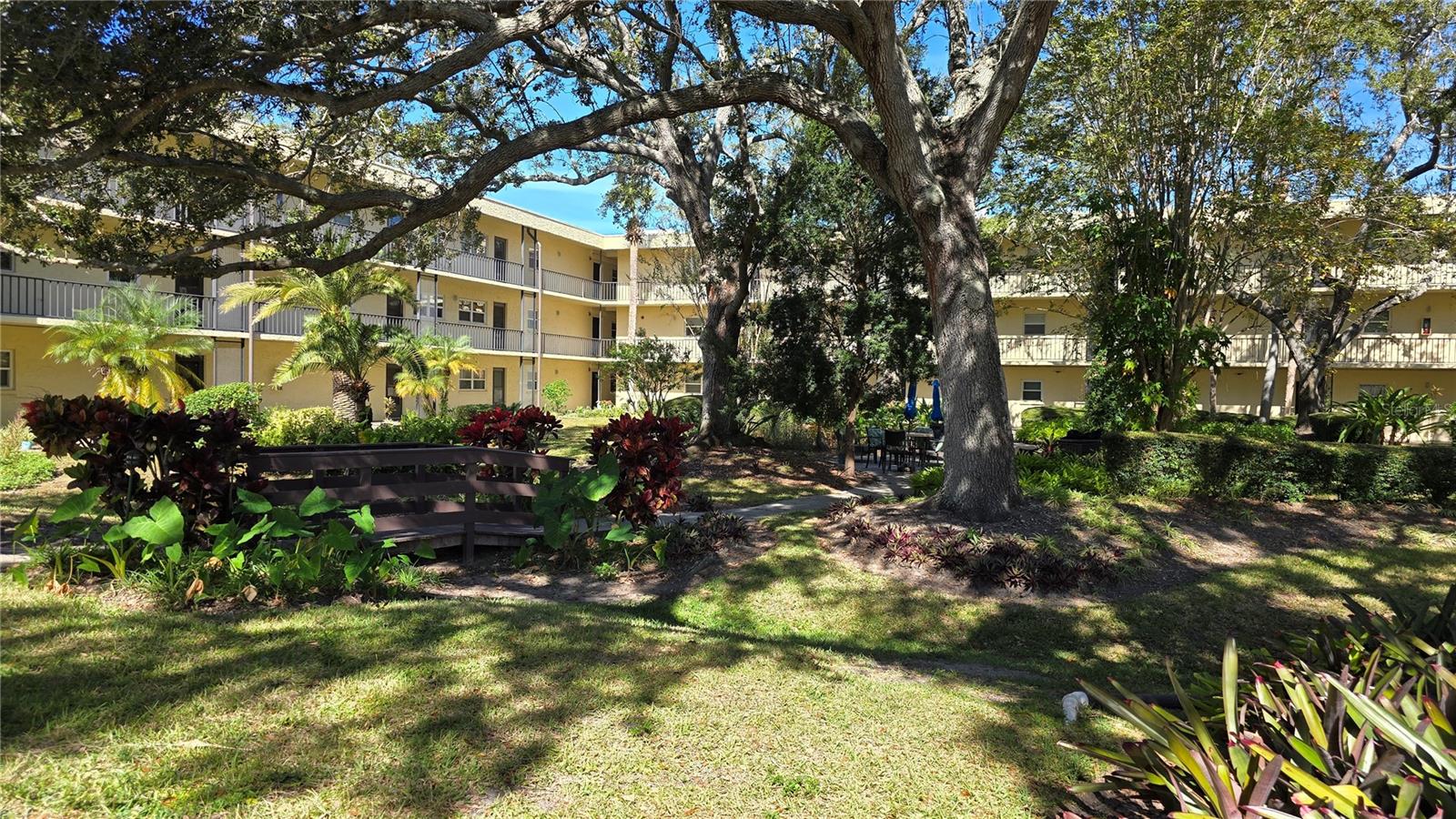 Beautiful view from your front door of the community courtyard with Bar-B-Ques and tables to sit and relax enjoying nature.