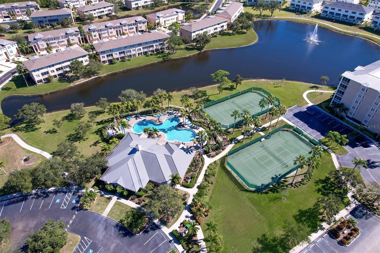 Aerial view Clubhouse, Pool, and Tennis Courts