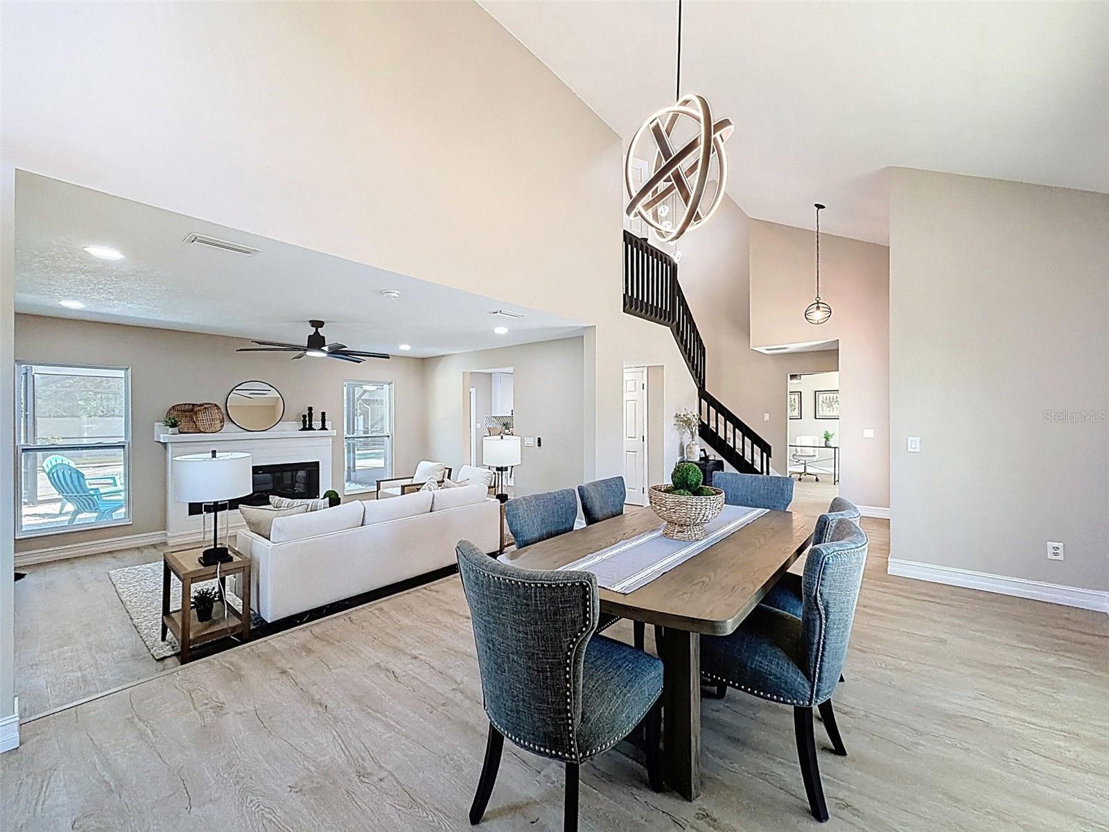 Staged as a huge dining room, but equally fitting as an extended living room.