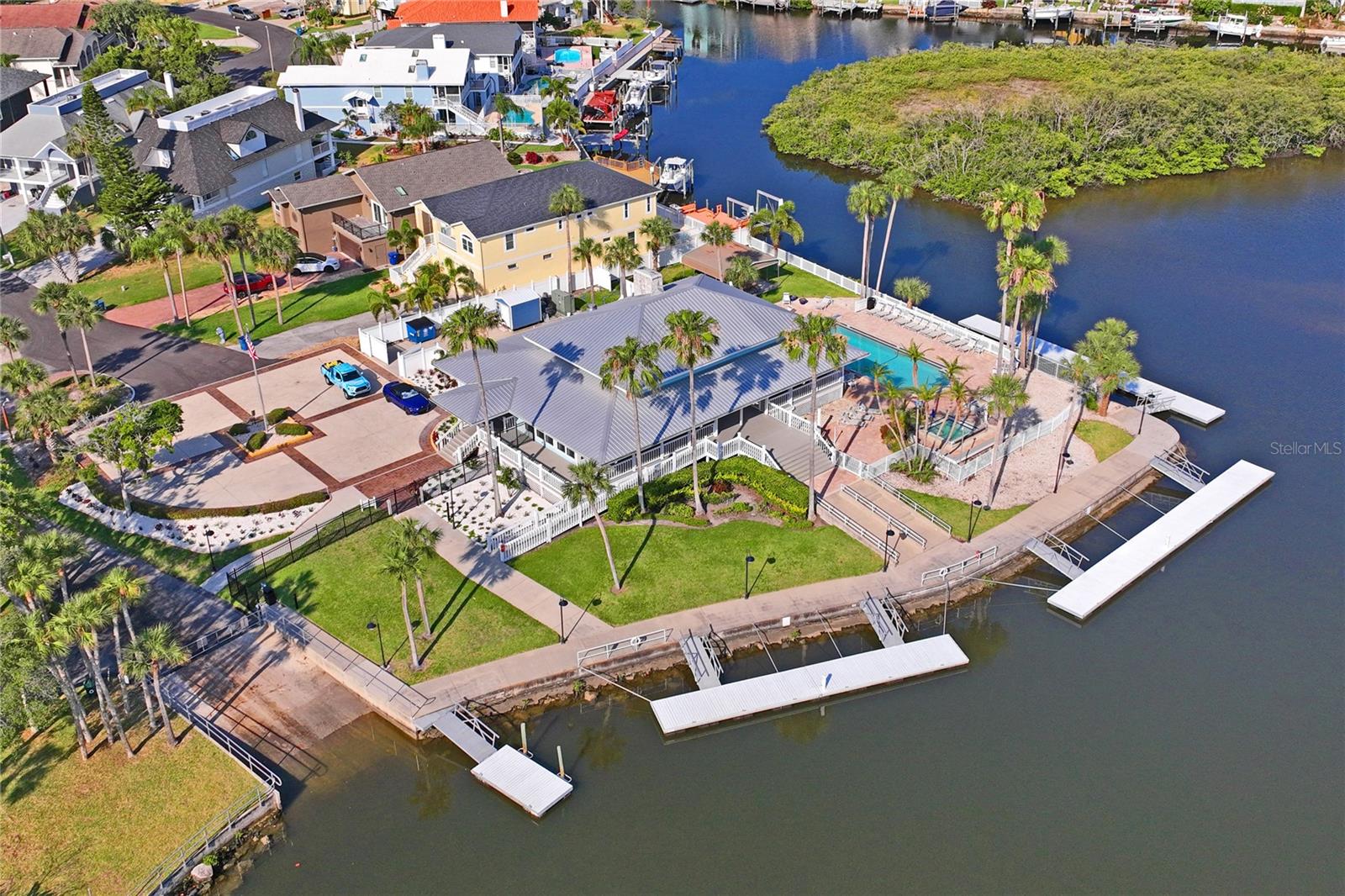 Clubhouse with boat slips and private boat launch