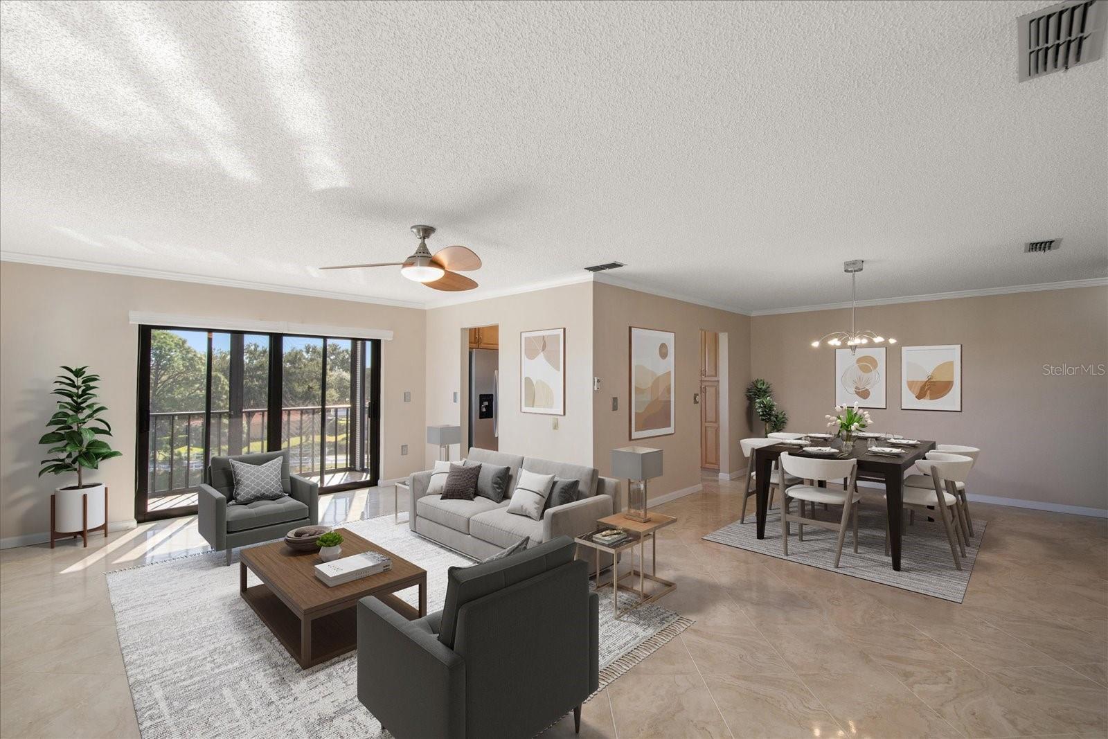 Wonderful space in your living room and dining room with views of the pond