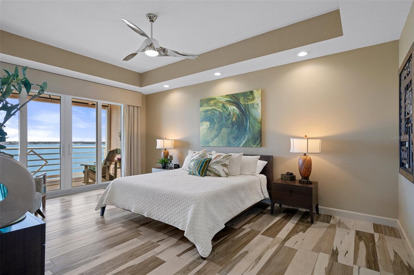 The primary bedroom is waterfront