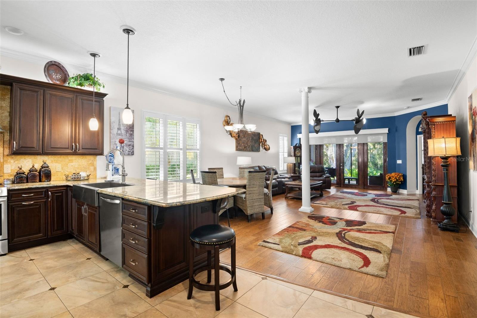 Kitchen open to dining and living room