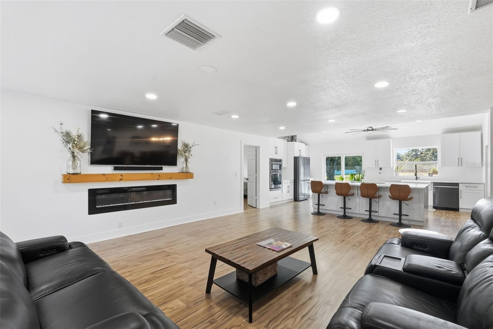 Fireplace on the wall.