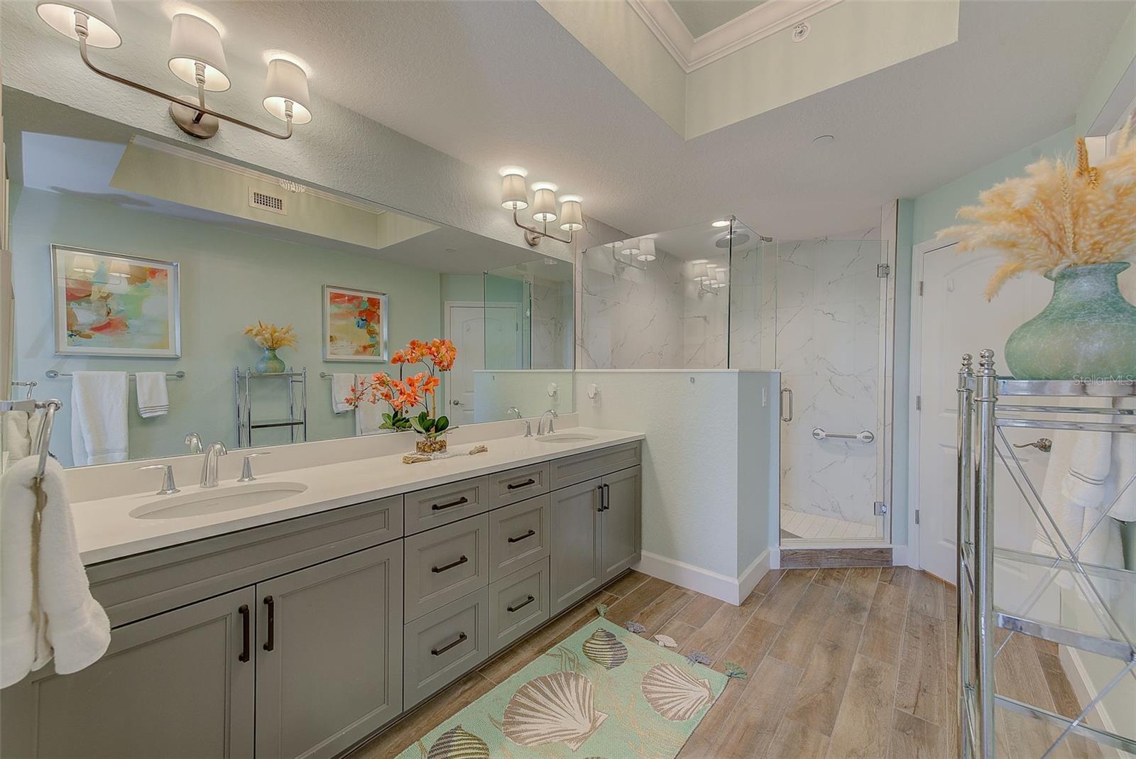 Primary Bath with double sink vanity with ample drawer space