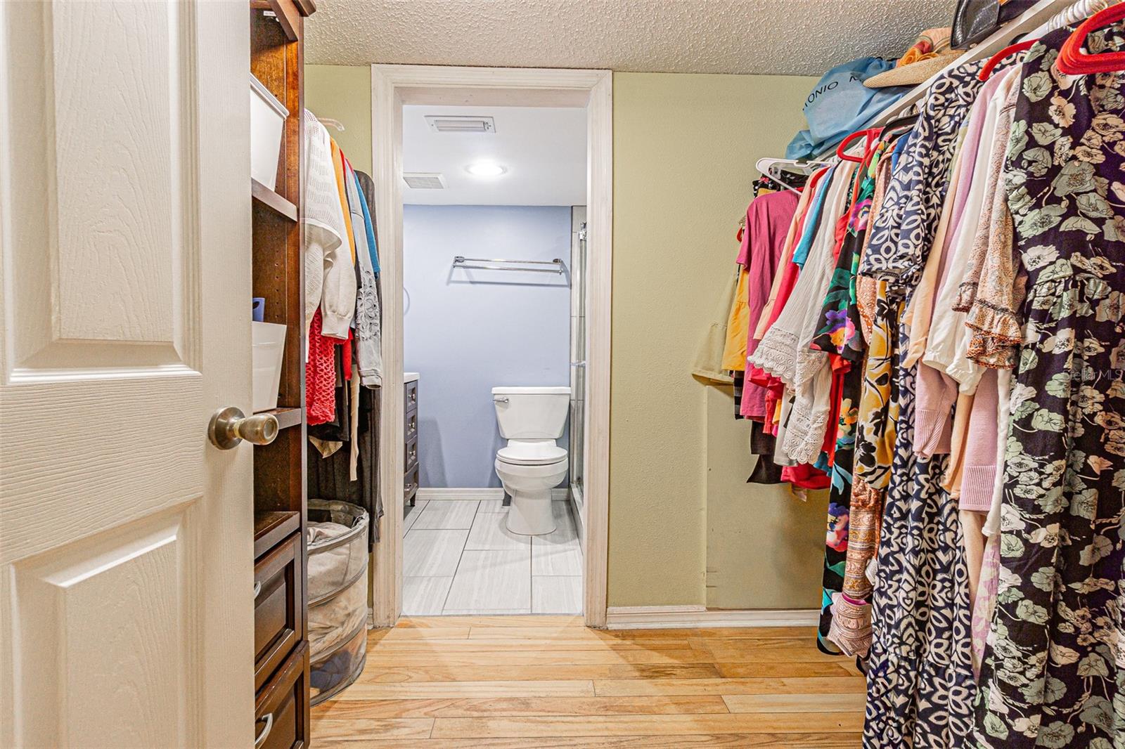 Primary suite walk in closet. View from bedroom to bath