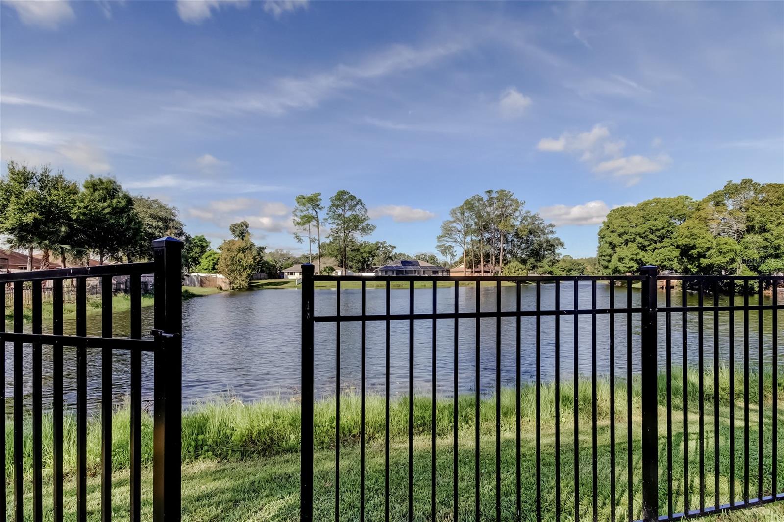 Peaceful backyard featuring a secure,pet-friendly fence that still allows you to enjoy open views of the pond and the natural surroundings.