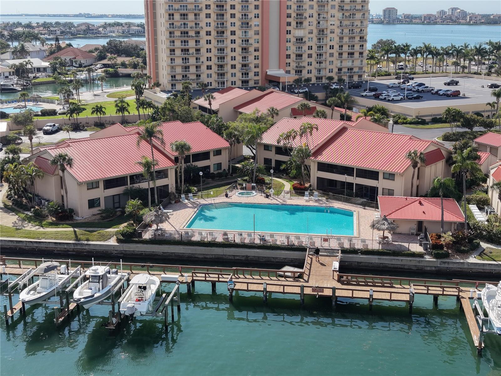 Pool and docks in front of the patio