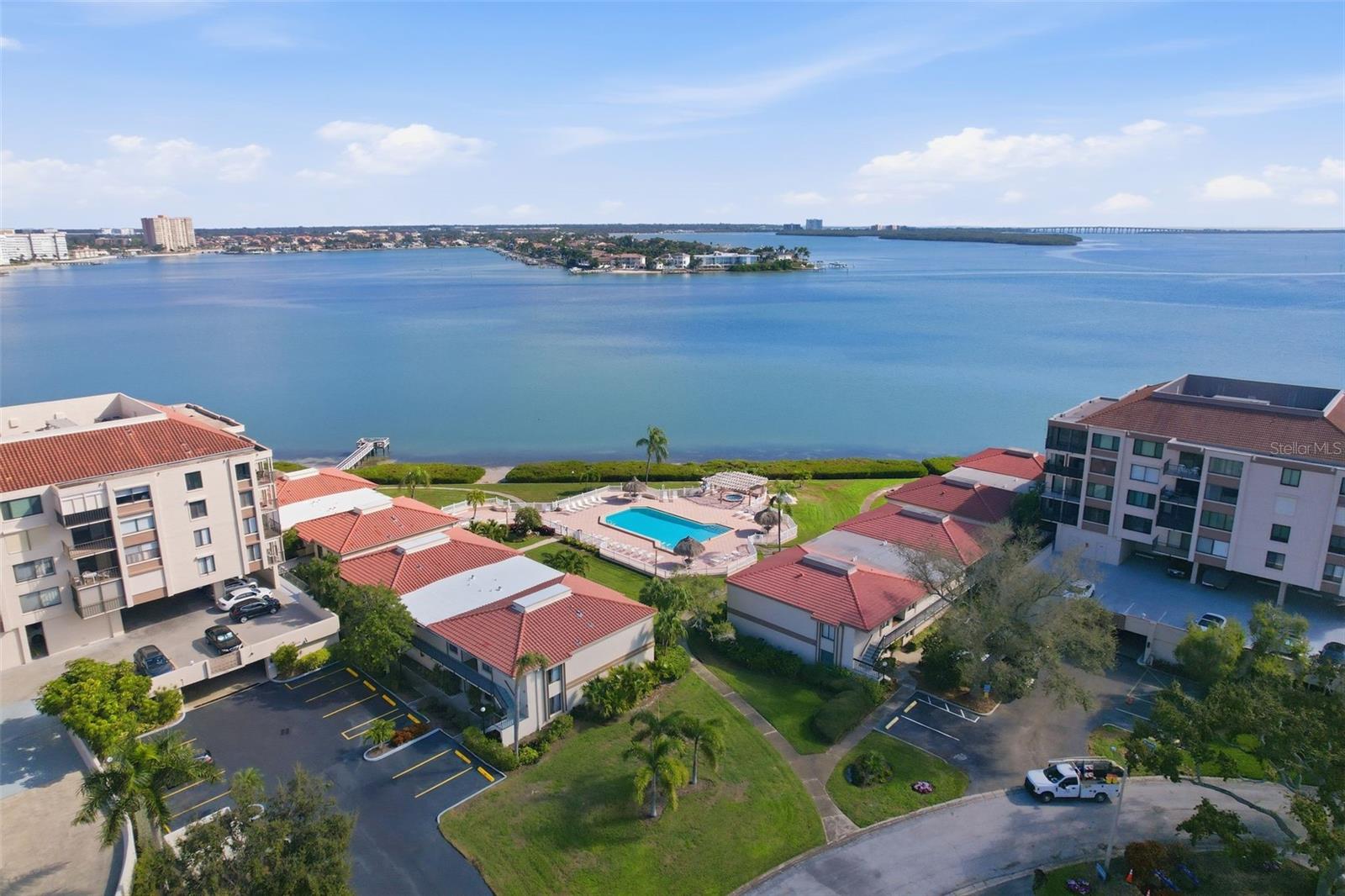 Aerial view of waterfront pool area
