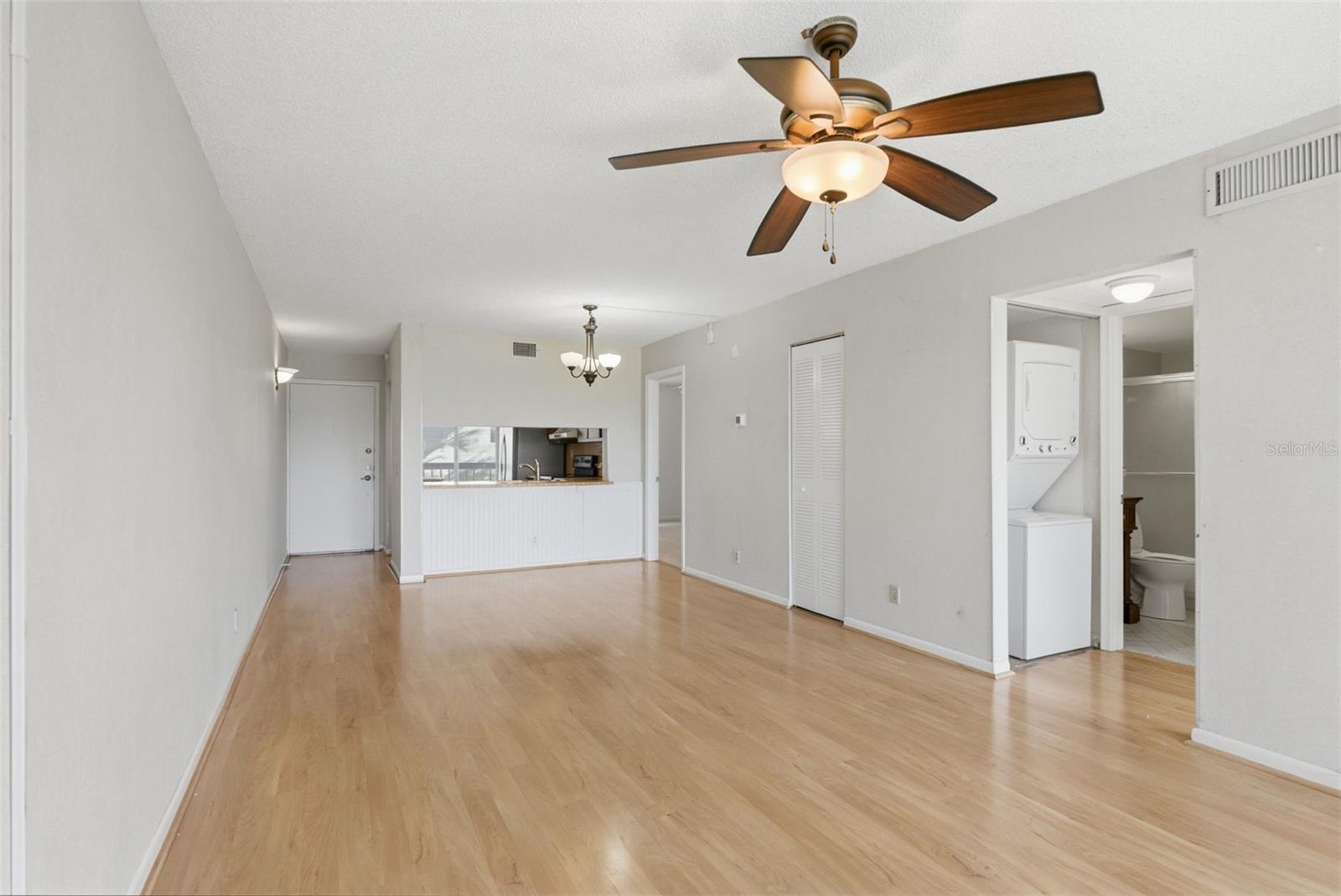 View into Living, dinning room & kitchen