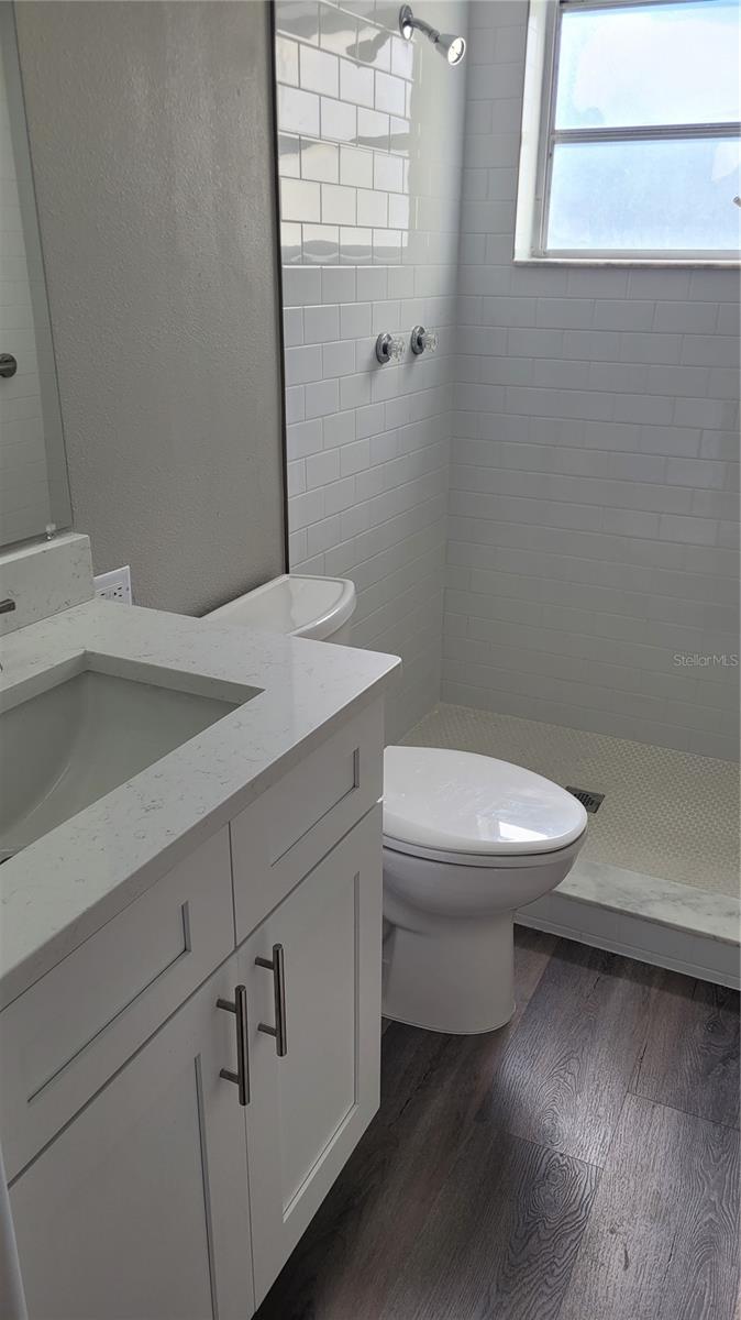 Guest bathroom has walk-in shower.