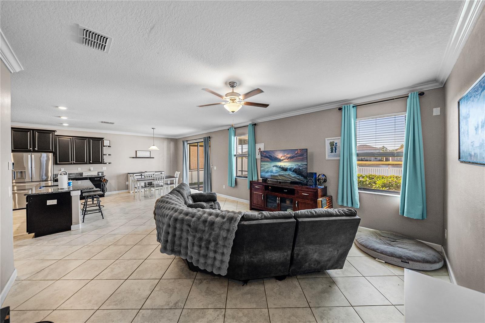 Family room as viewed from the base of the stairs