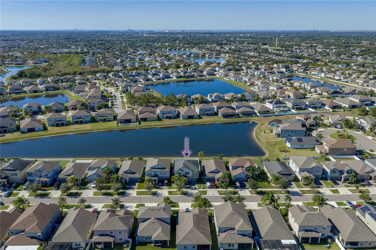 Aerial view showing downtown Tampa to the right and downtown St Petersburg to the left