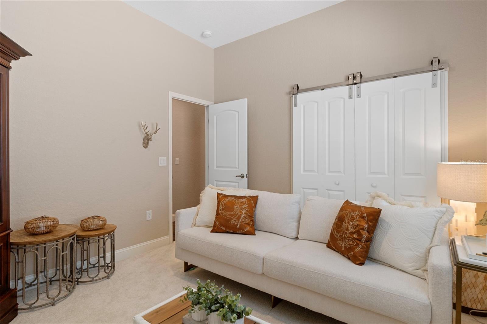 Bedroom with stylish barn-door closet.