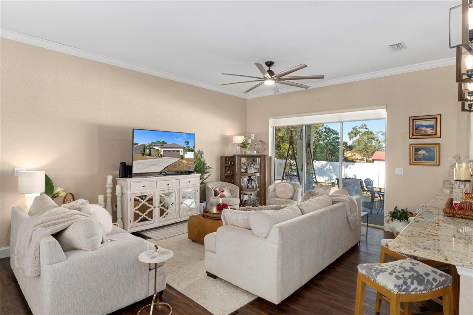 Cozy living room with sliders to the patio