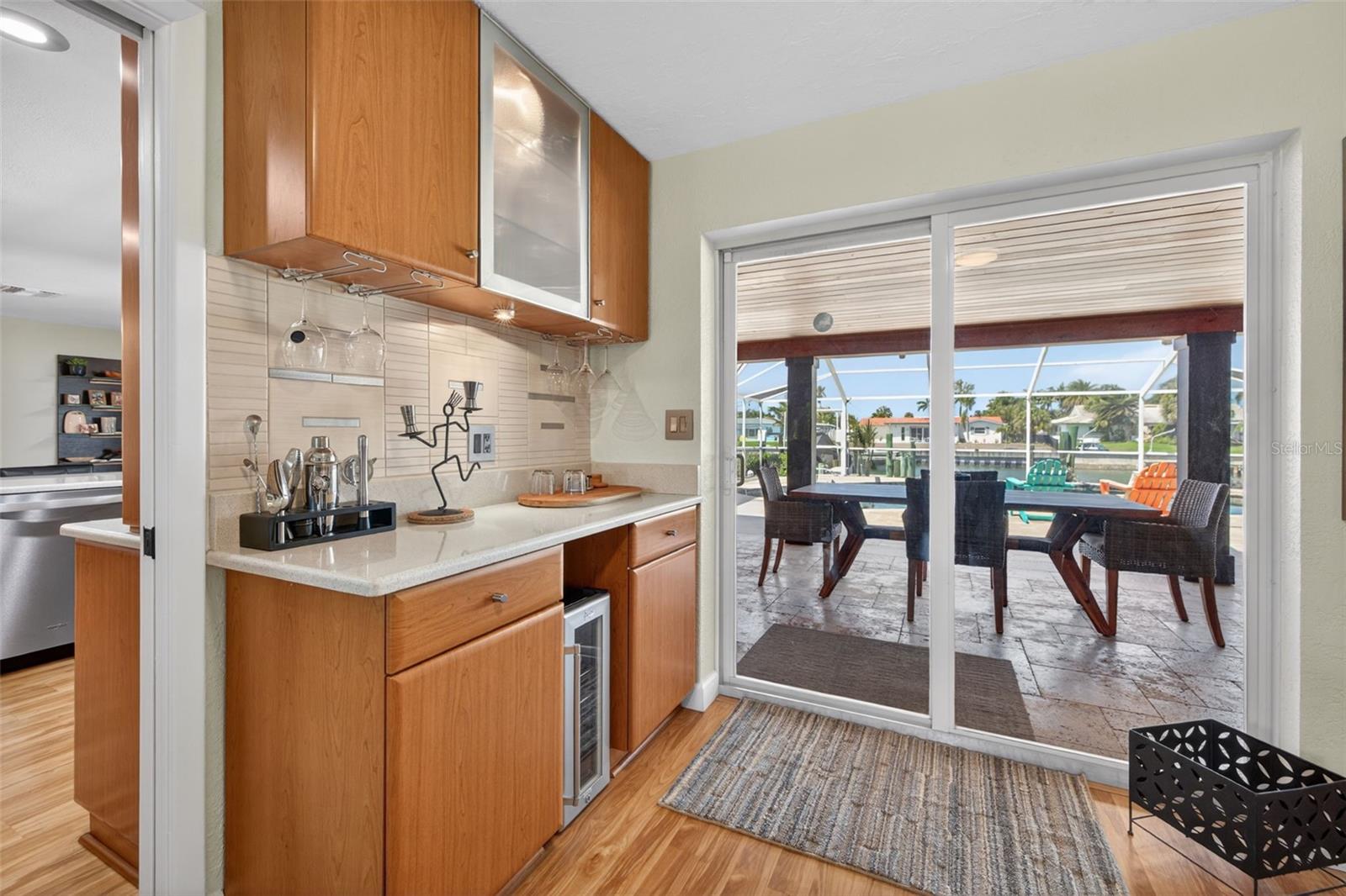 Dry bar adjacent to the patio