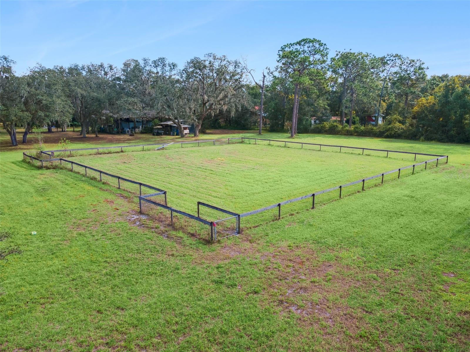 Fenced area behind pole barn and chicken coop