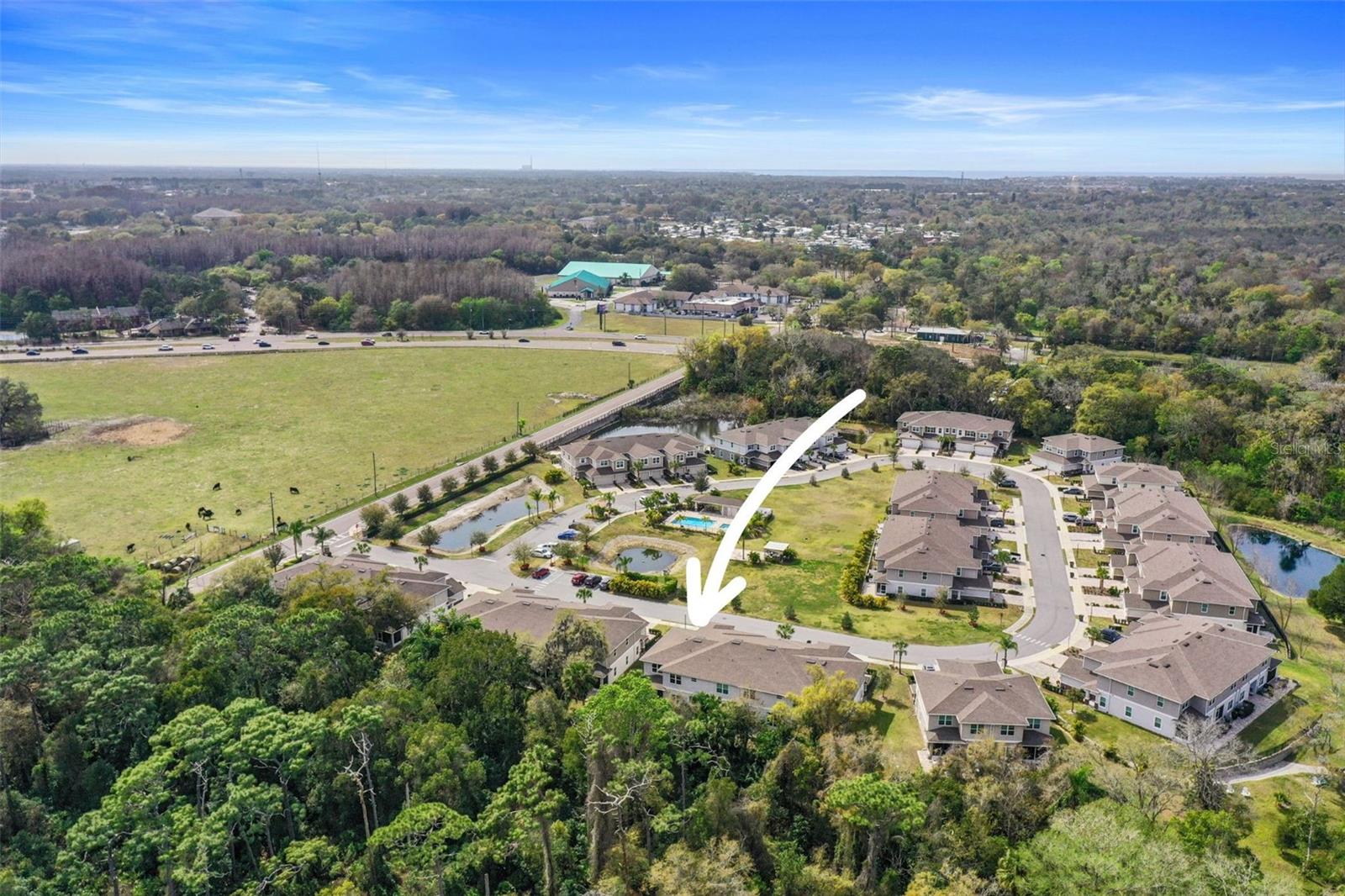 Aerial view of home bordering woods