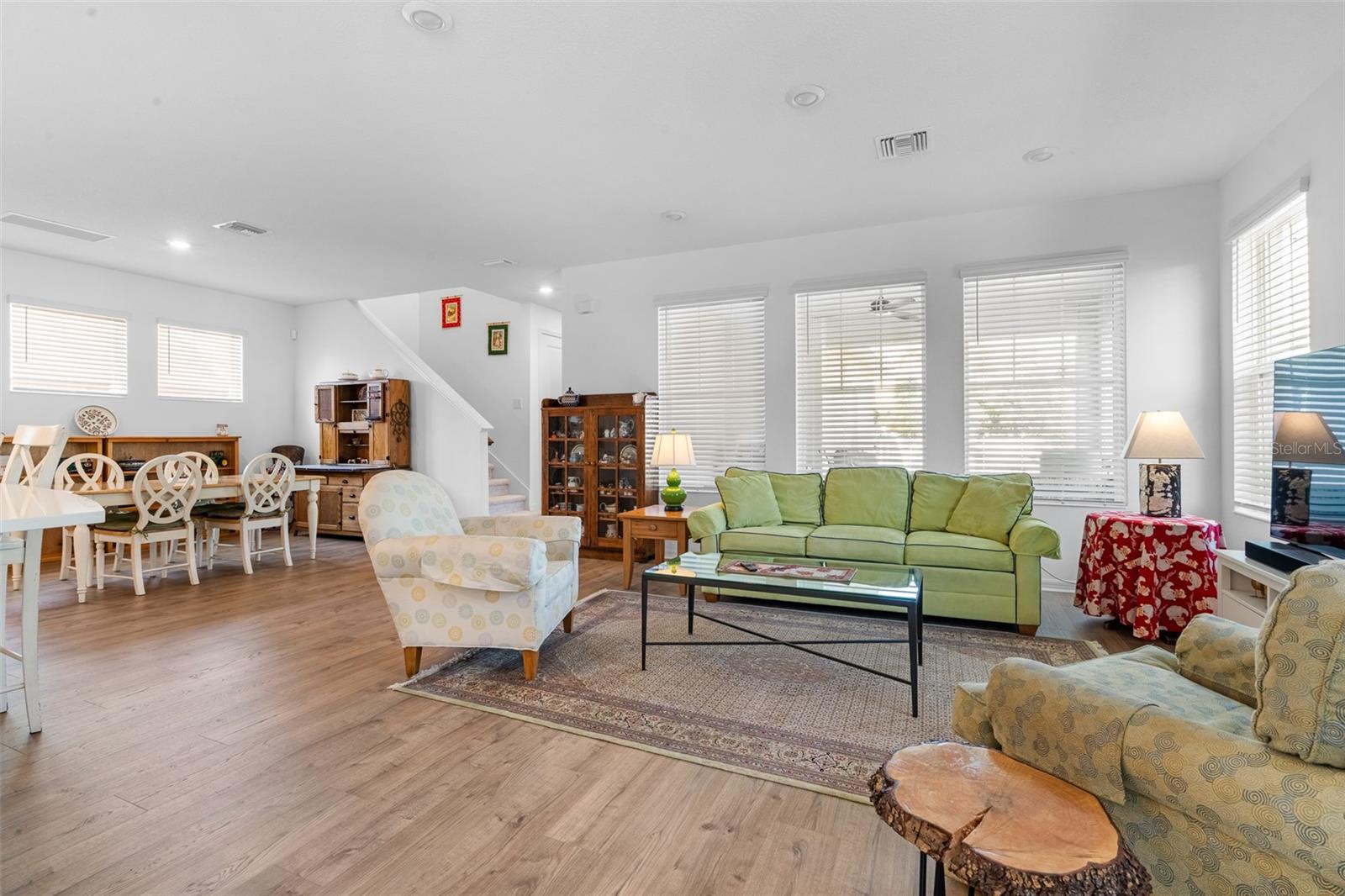 Living and dining room at the rear of the home.