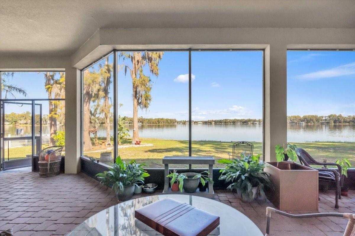 Elongated lanai with lake views