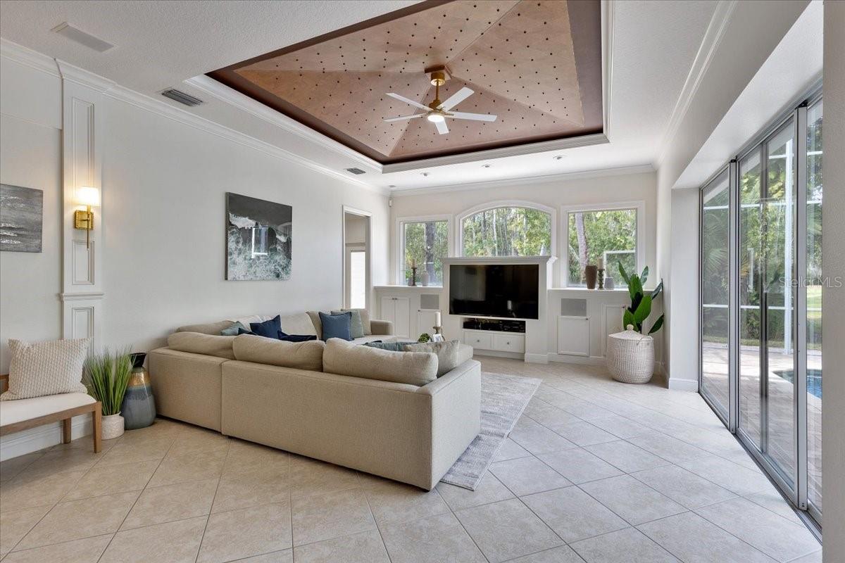 Living Room with Decorative Accent Ceiling