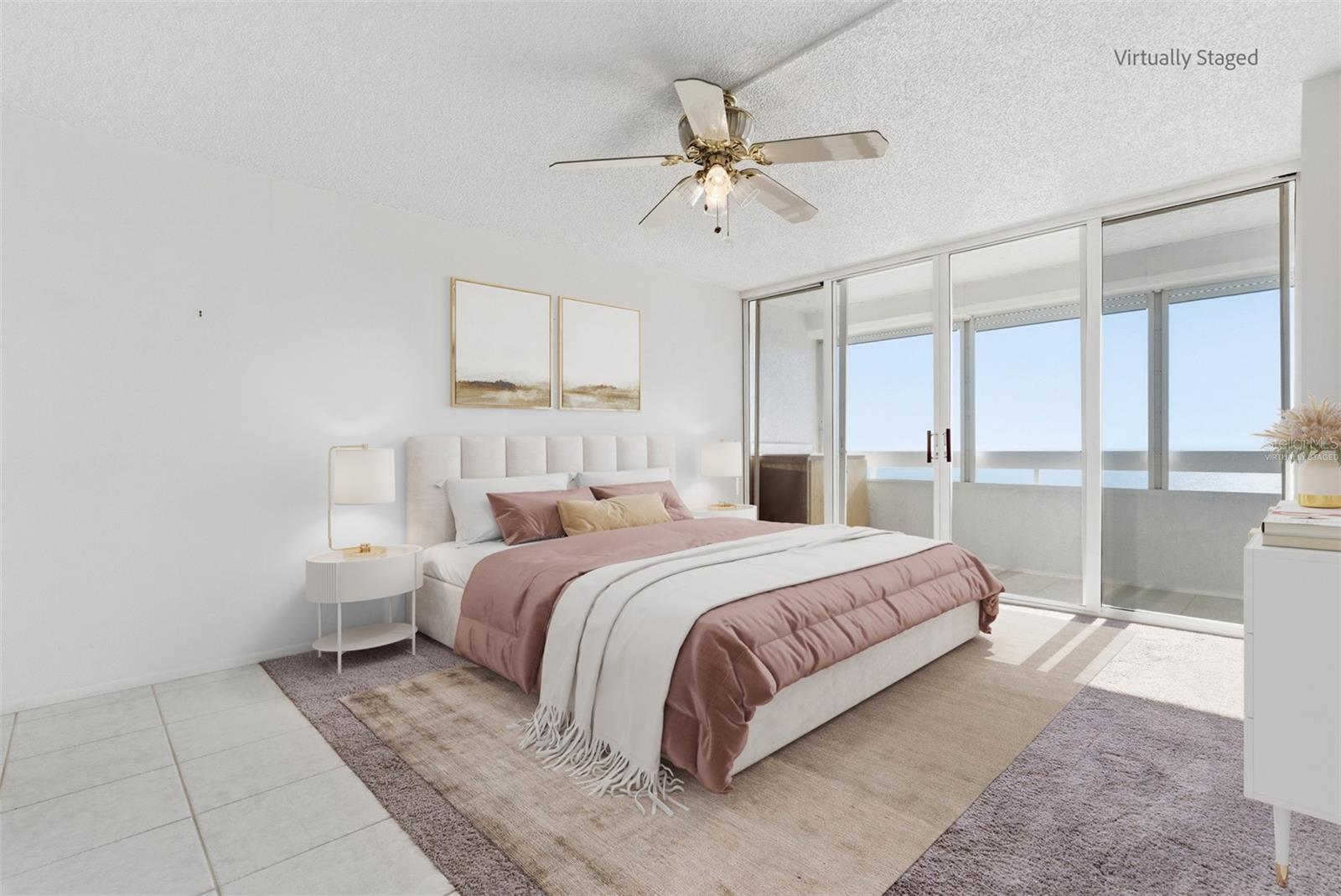 Wake up to Gulf light and the sound of waves, with sliding doors giving you direct access to the oversized balcony right from your primary suite.(Virtually staged)