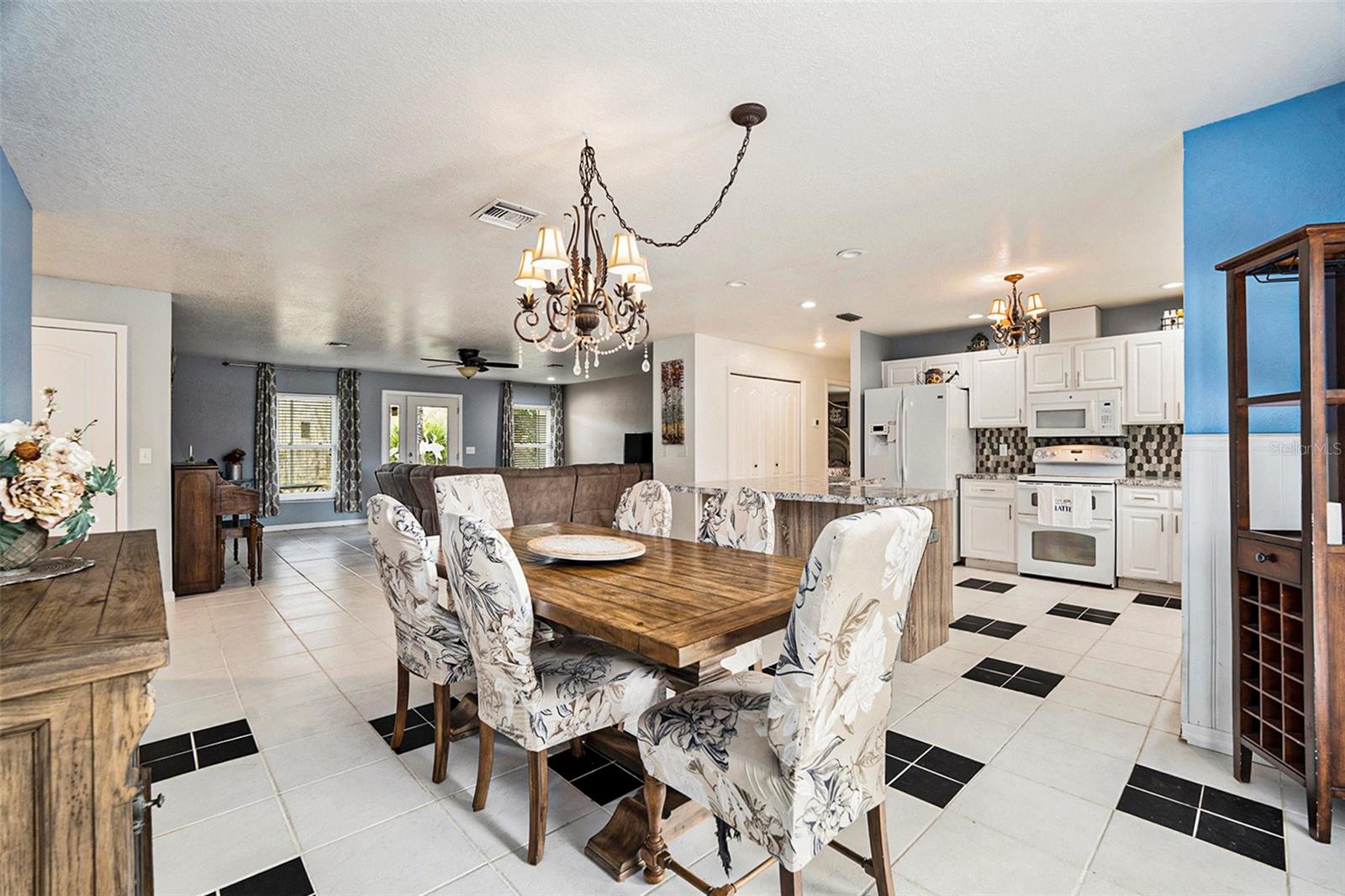 kitchen, living room, dining room