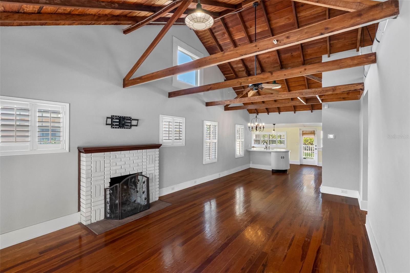Great Room with soaring ceilings and Southern Pine floors