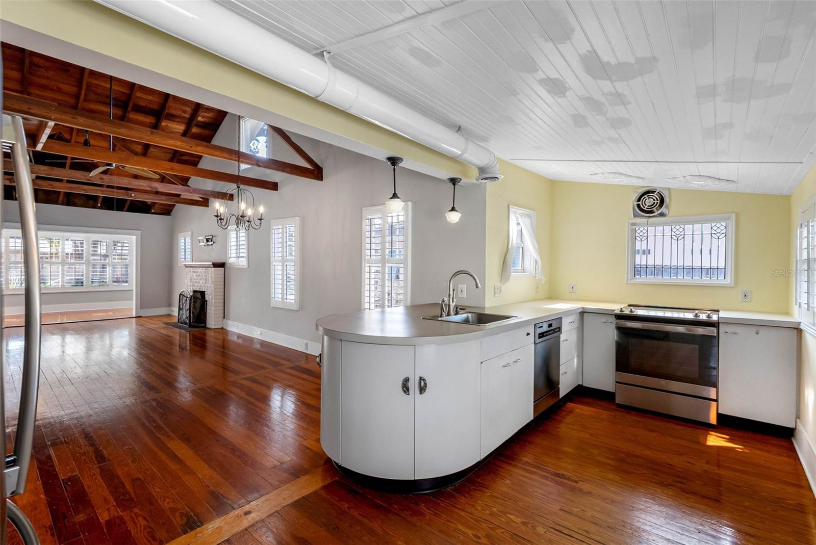 Kitchen with breakfast bar Leaded glass window