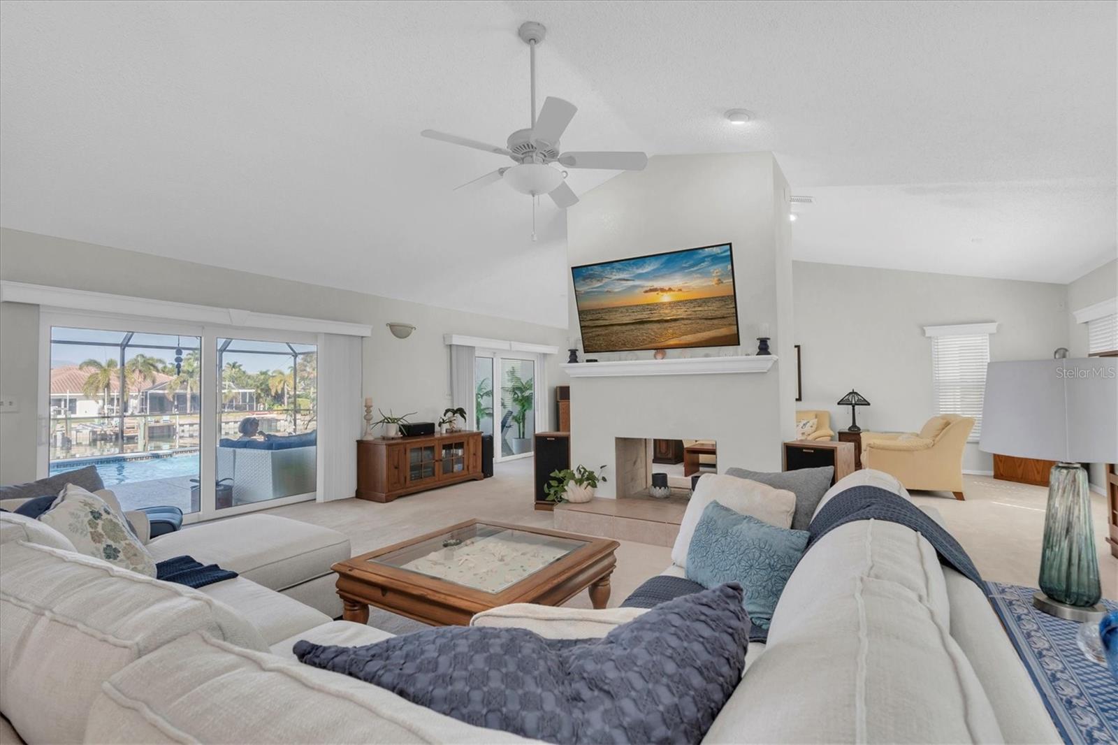 Great room with double sided fireplace