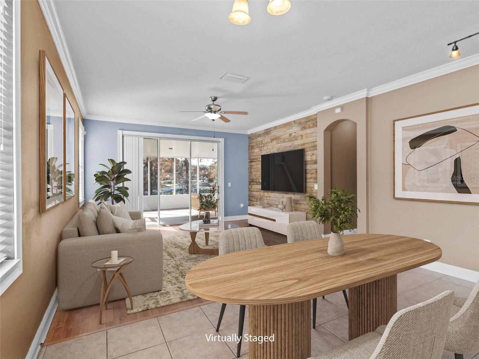 Virtually Staged-Custom wood accent wall with options for furniture