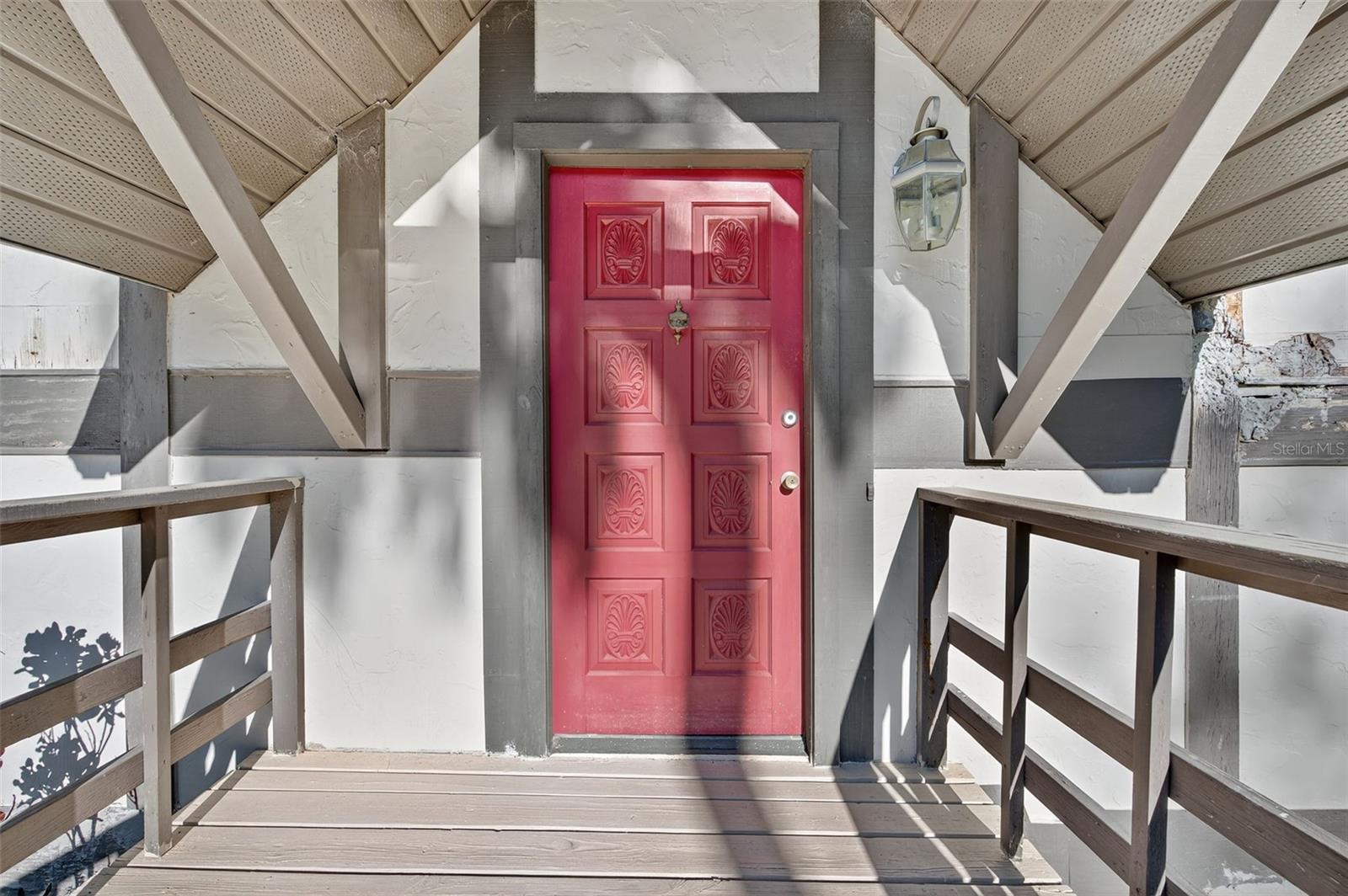 Tudor-style front porch.