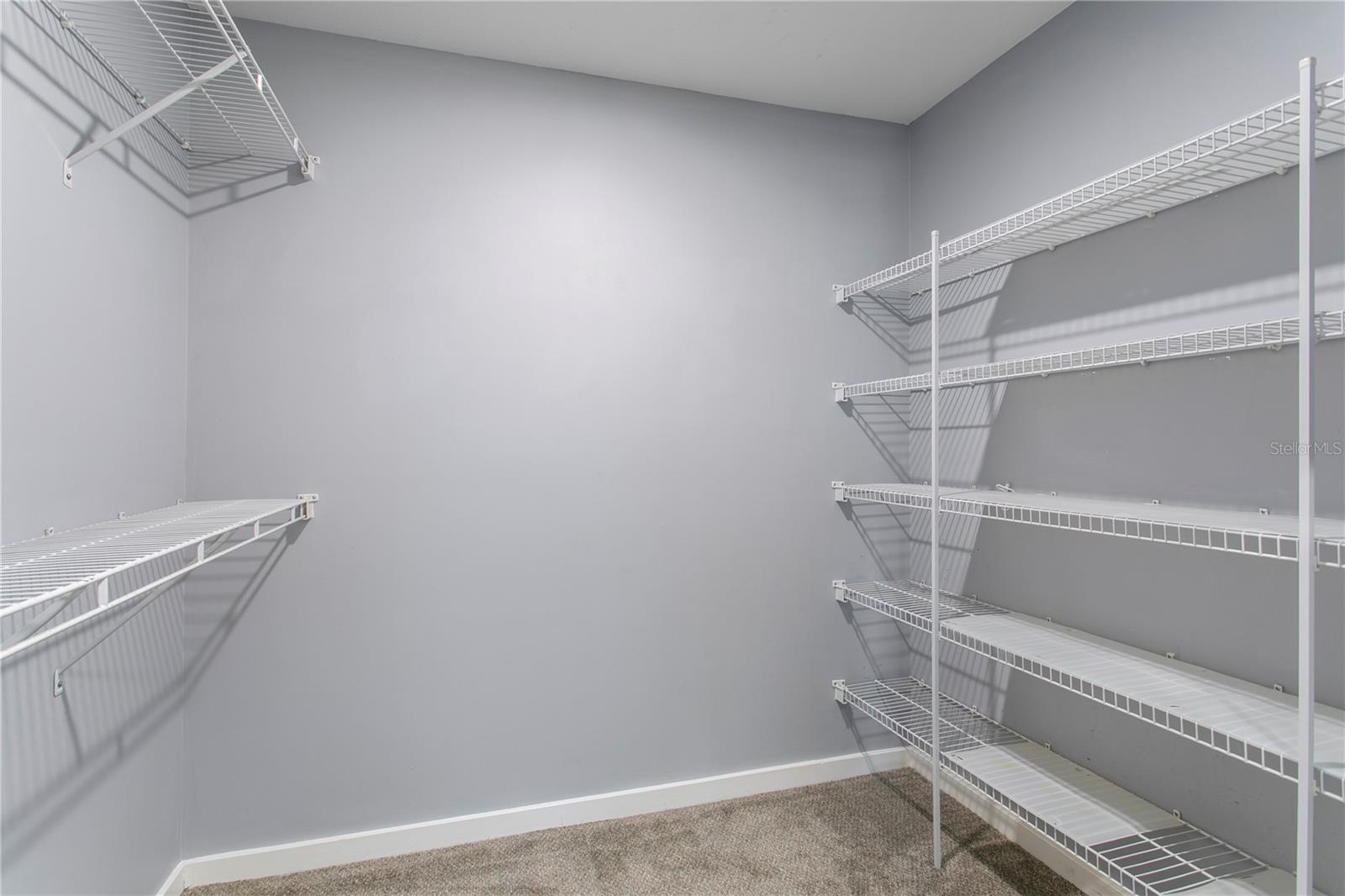 Primary loft ensuite walk in closet with ample shelving