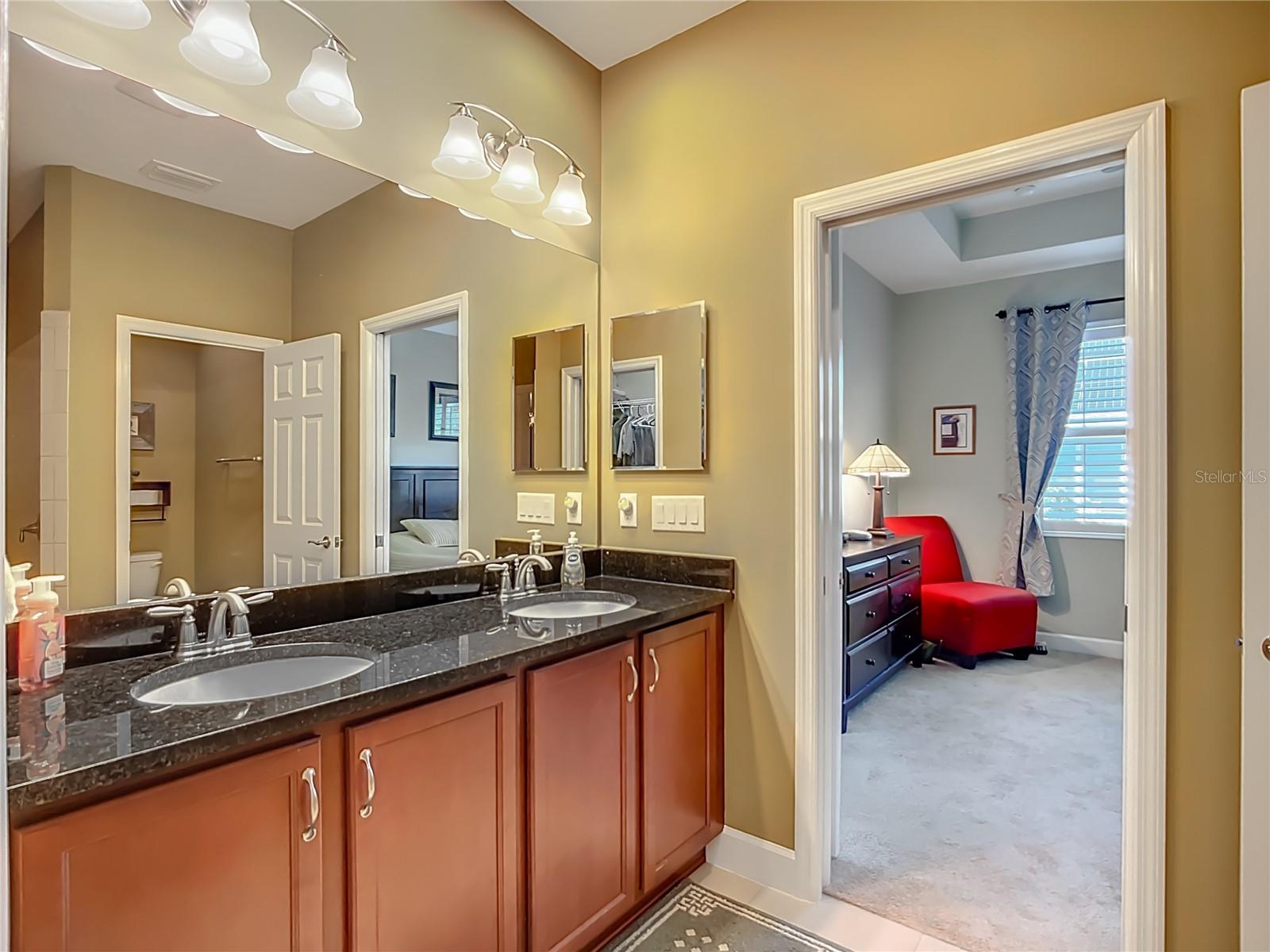 Double sink vanity, granite counters, water closet