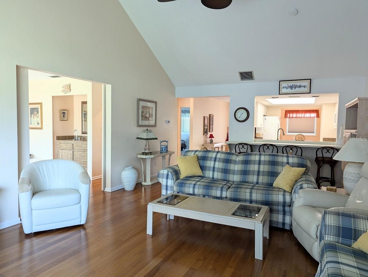 Great room, kitchen and den with wet bar