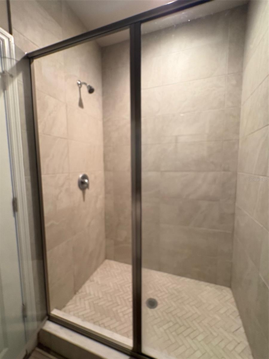 Large glass enclosed tile shower
