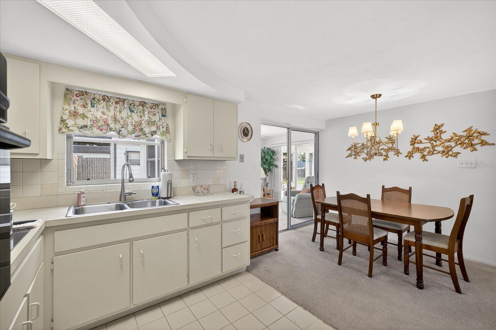Kitchen view into dining area