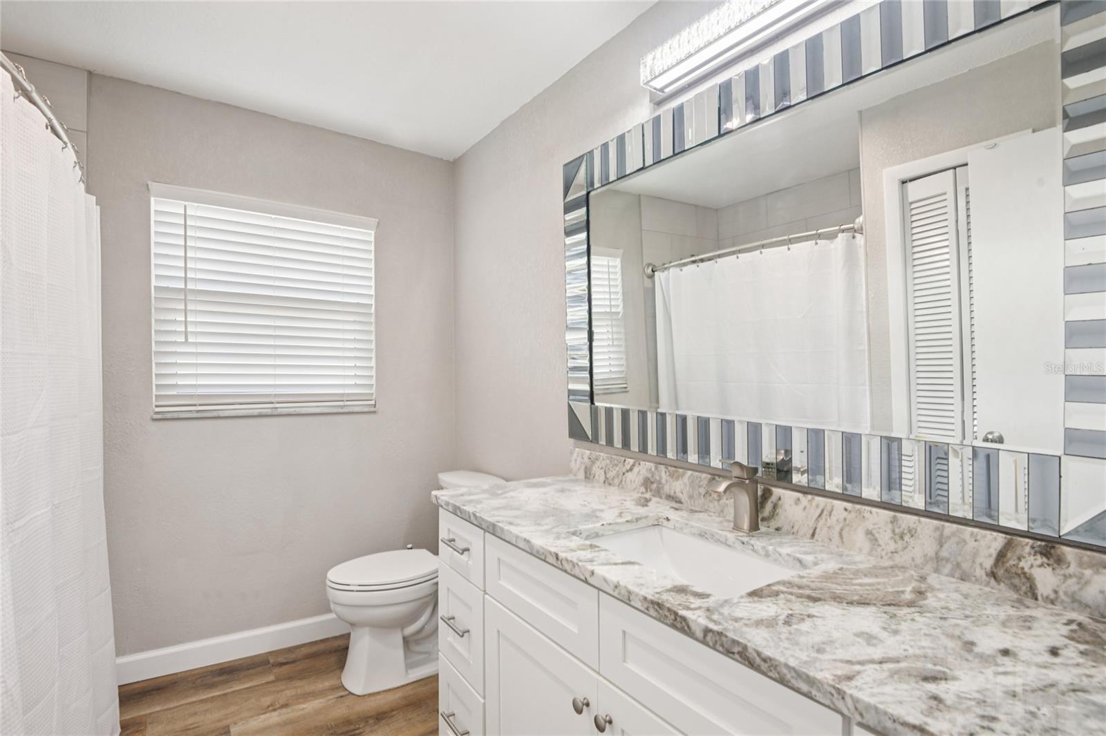 Hallway bath with new fixtures, vanity and commode