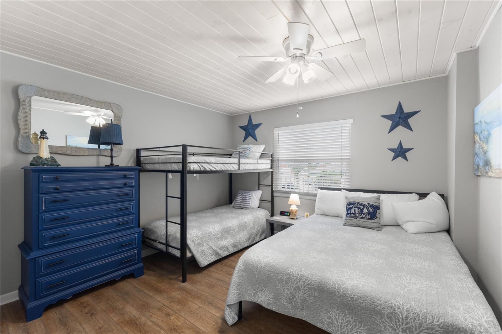 Guest Bedroom. Queen bed and bunkbeds.