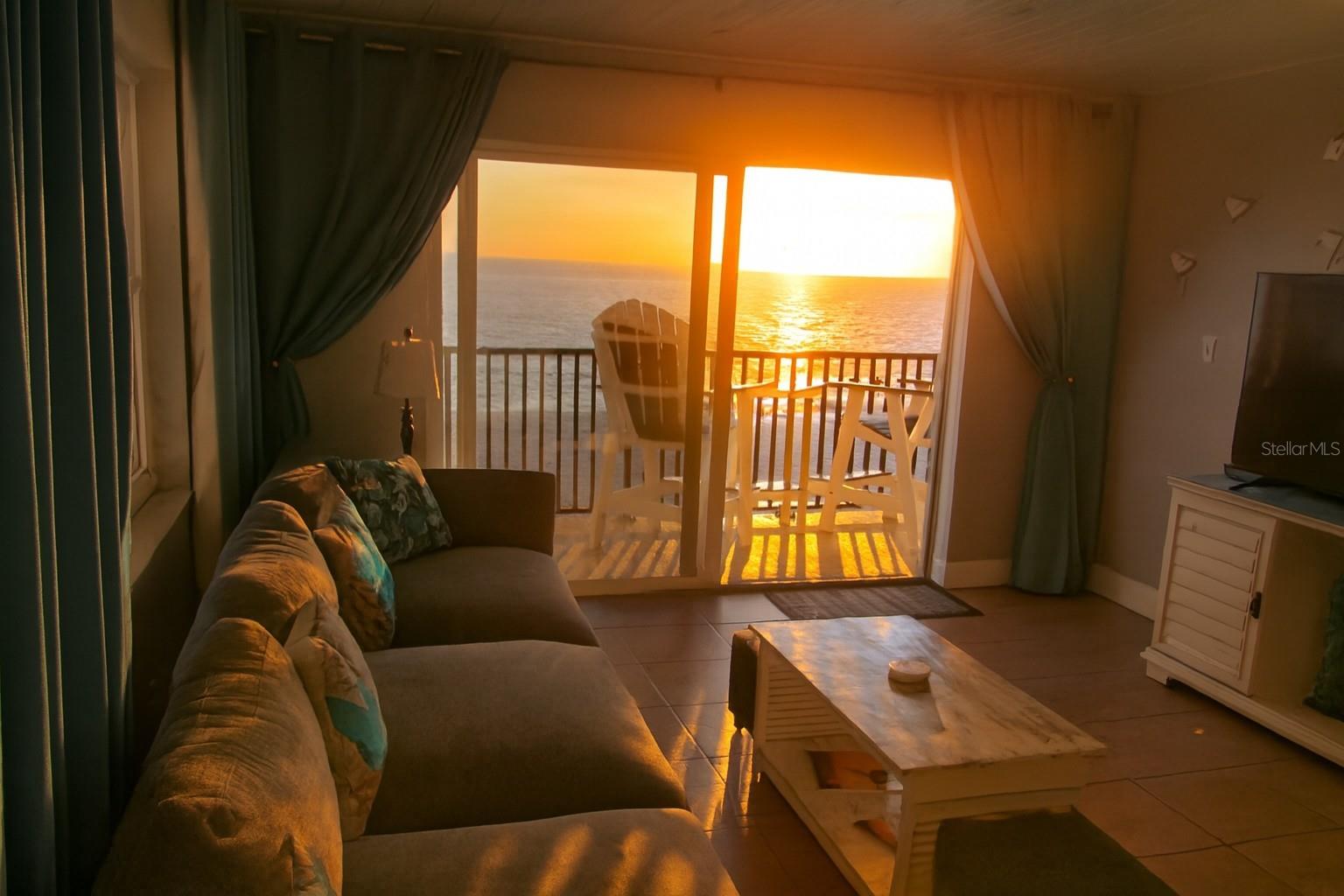 Sunset coming through the living area.