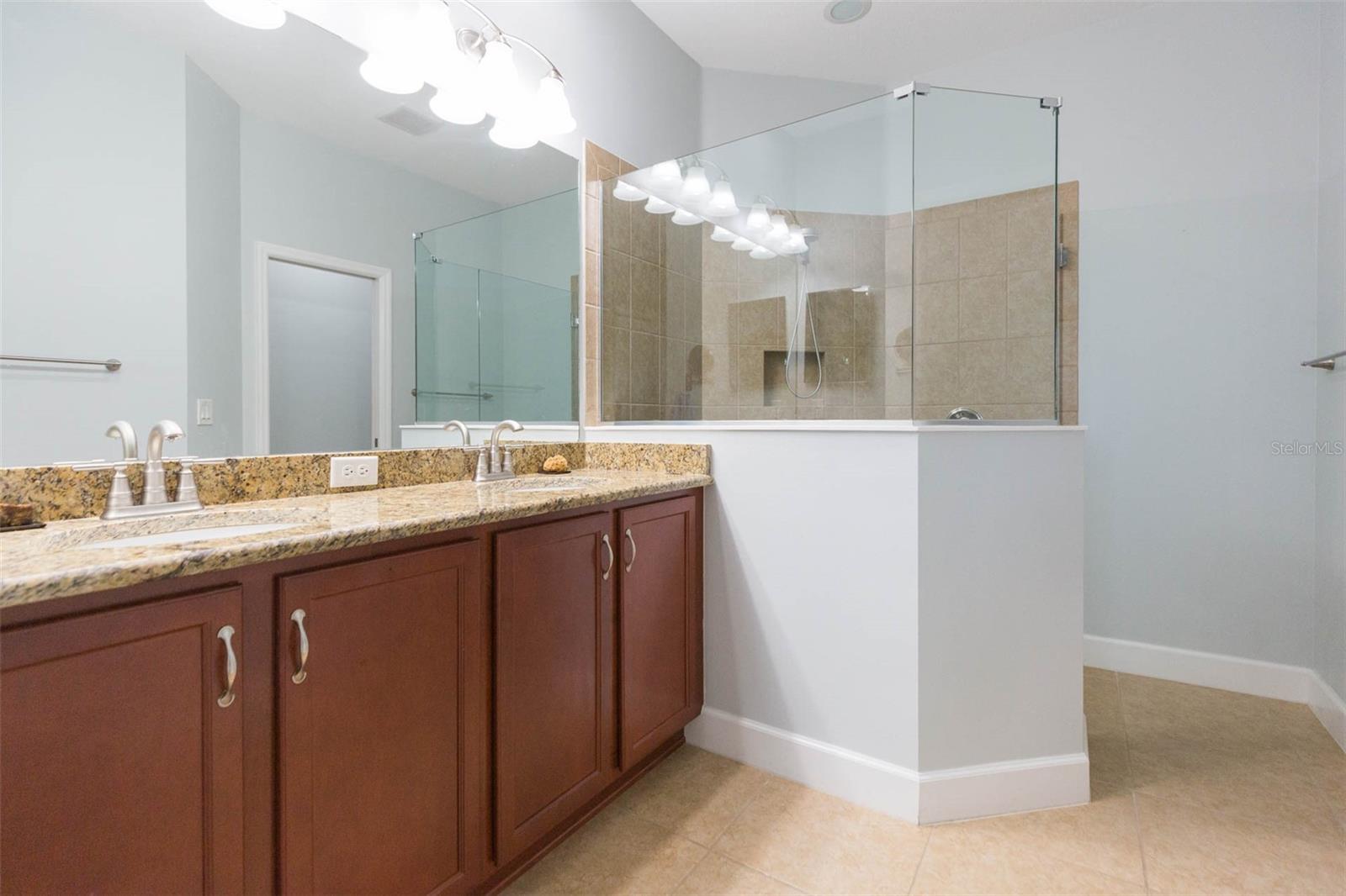 Master bath with granite countertops and walk-in shower