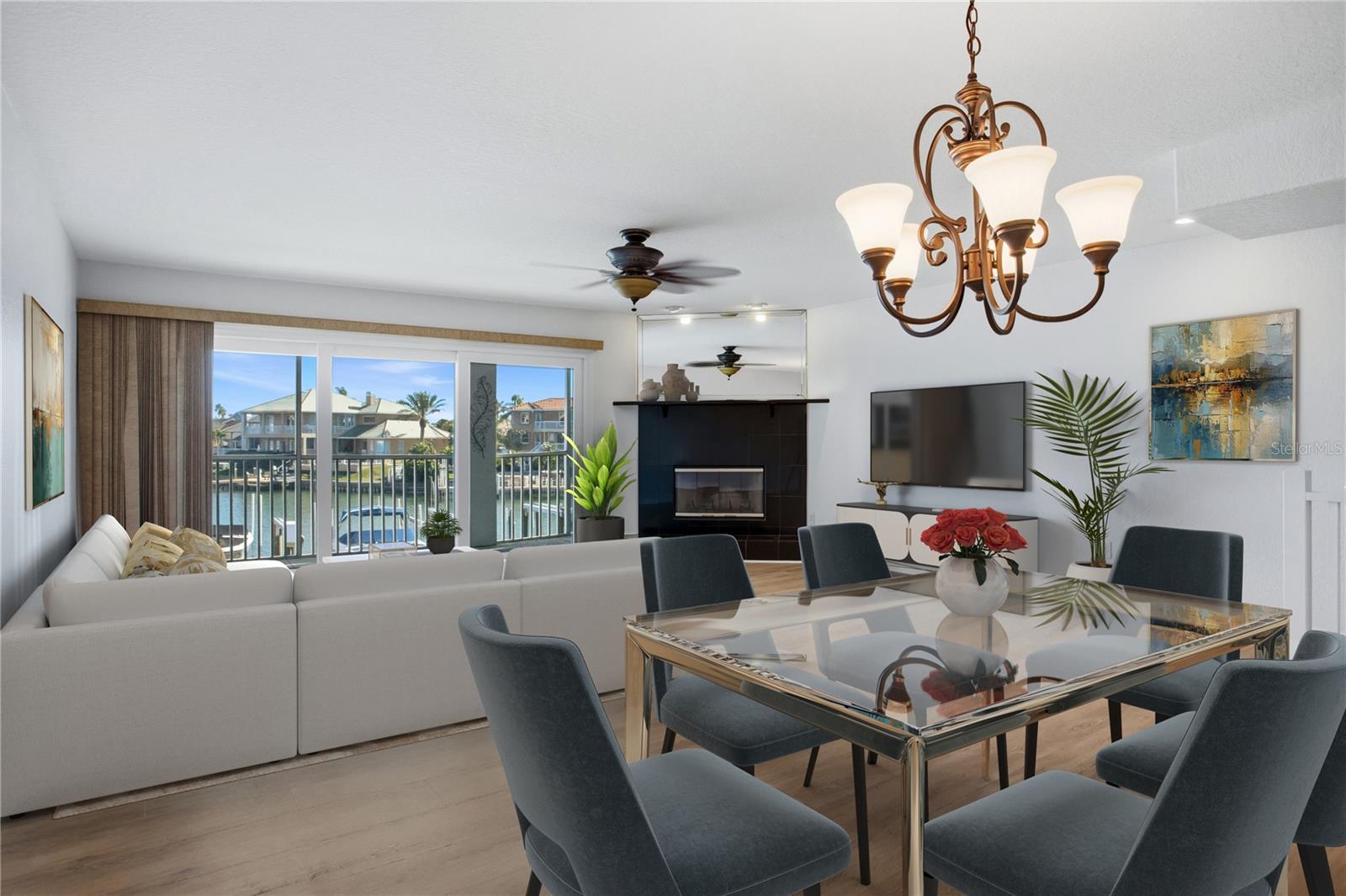 Waterfront Living Rm and Dining Rm w/ Fireplace