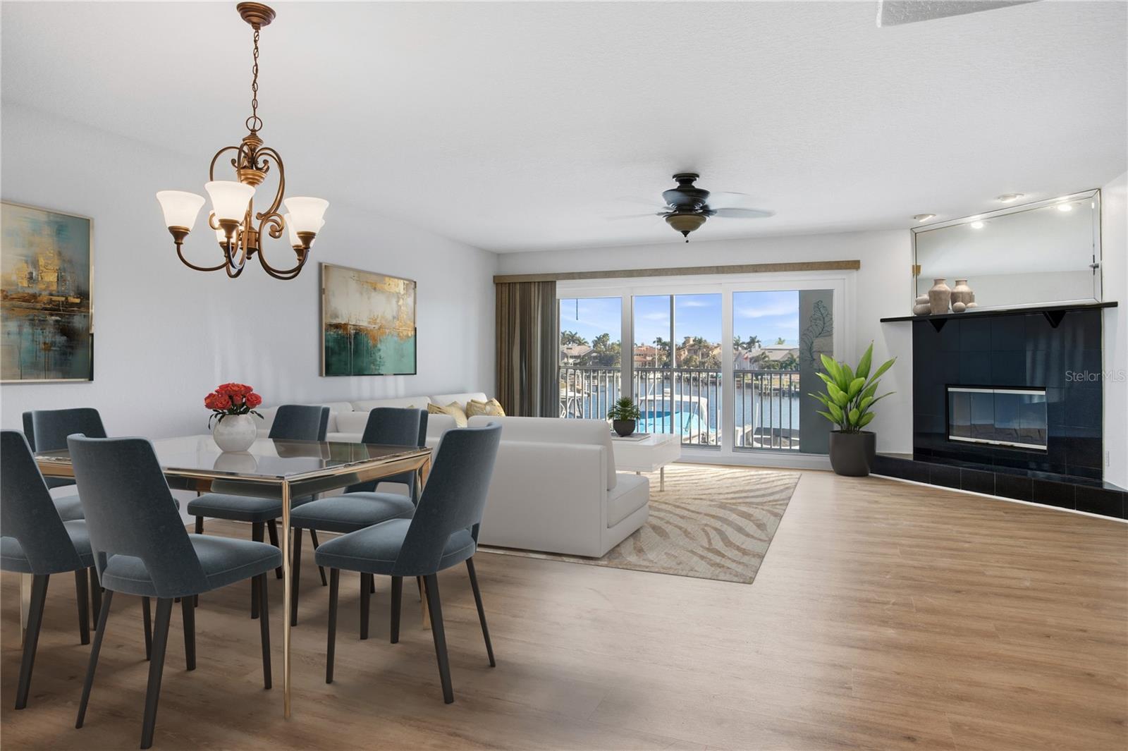 Waterfront Living Rm and Dining Rm w/ Fireplace