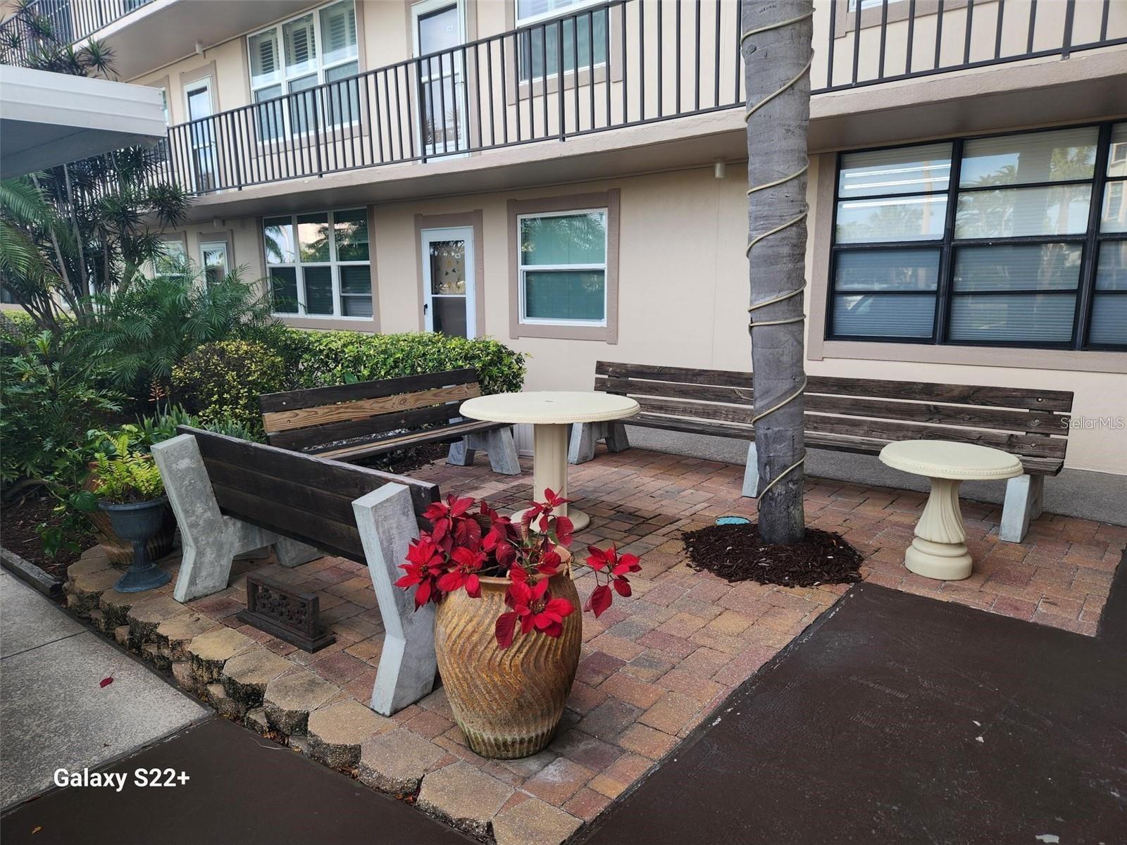 There is a nice seating area in front of the Enterprise building for relaxing and visiting with friends.