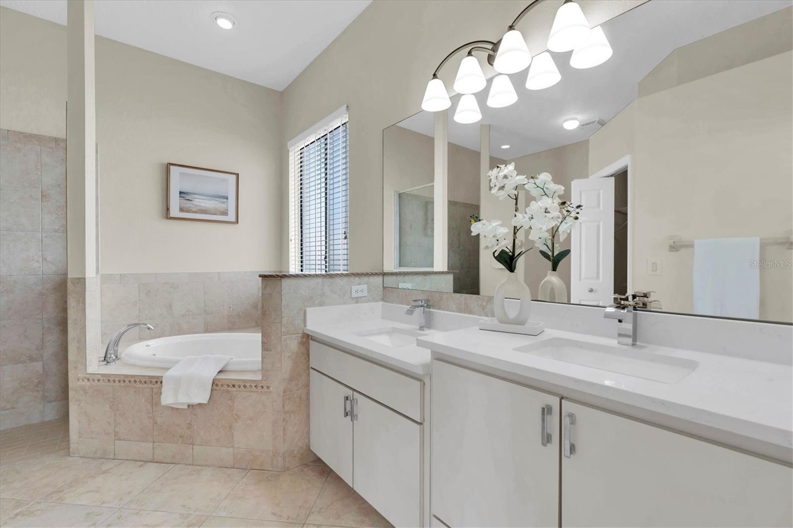 Primary Bath Dual Vanityand Garden Tub