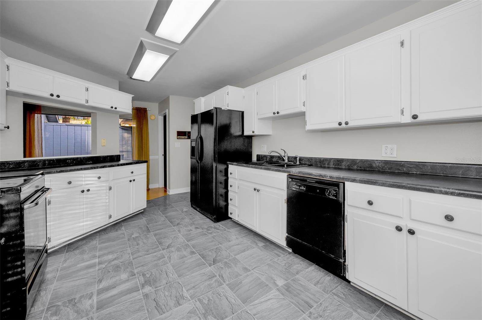 Expansive kitchen looking into private atrium.