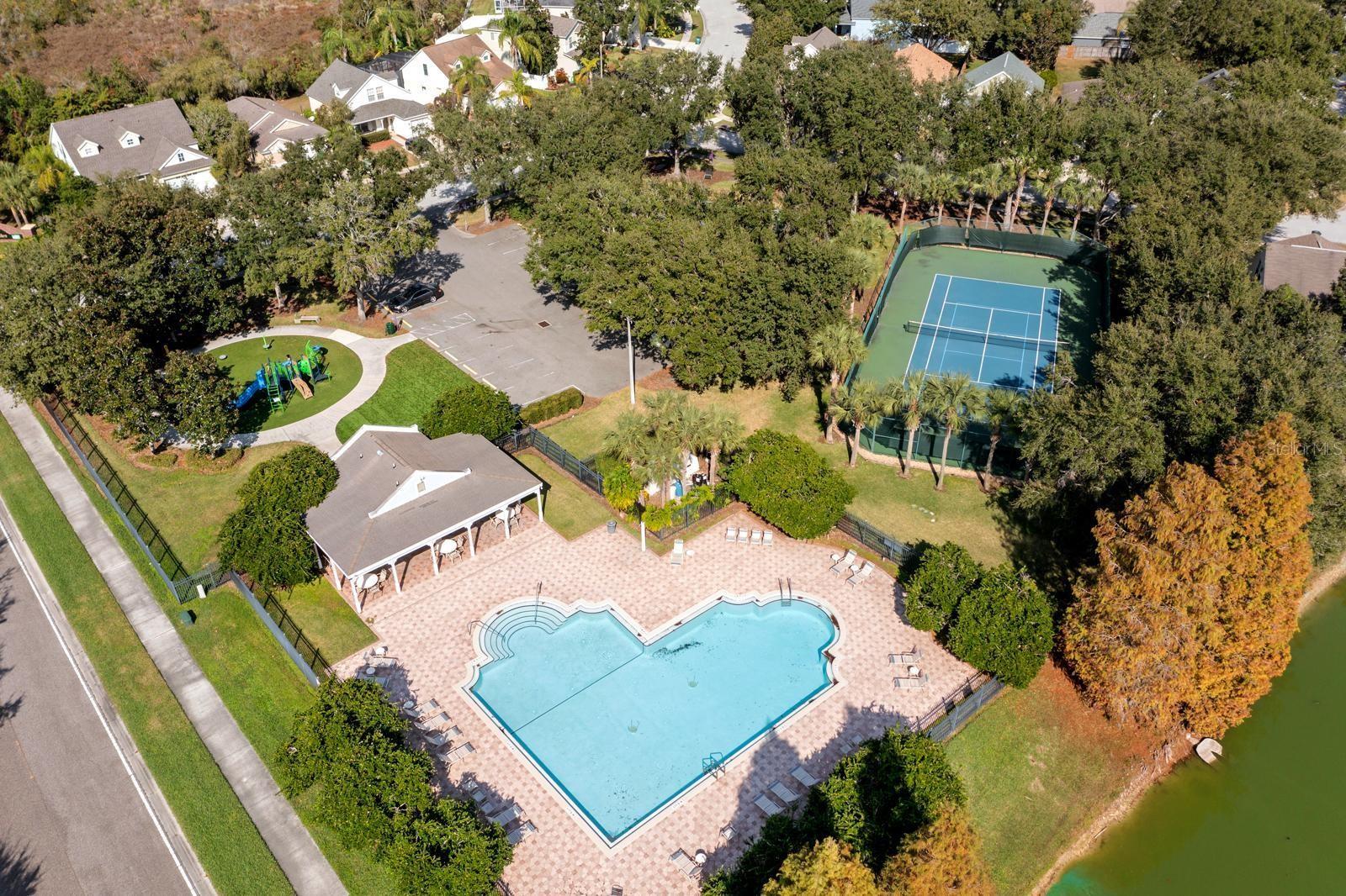 Community pool, playground, tennis court, basketball court